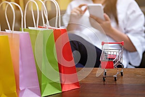 Woman and Small shopping cart with Laptop for Internet online shopping concept
