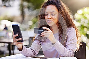 Woman, smartphone and credit card at a restaurant in the outdoor with checking for finance. Female person, paying and