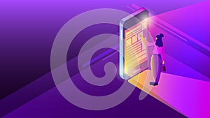 Woman with smartphone in isometric style. Female searching for something in mobile phone.