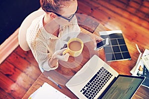 Woman, smartphone and online in home office in morning for business networking, information and multitasking. Female