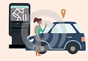 Woman  with smartphone ordered a car by online city car sharing service. Mobile transportation concept for banner