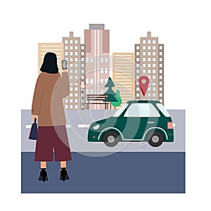 Woman  with smartphone ordered a car by online city car sharing service. Girl going to work. Mobile transportation concept.
