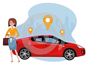 Woman with smartphone standing near car. Rent a car using mobile app. Online carsharing concept. Sport red car on background of