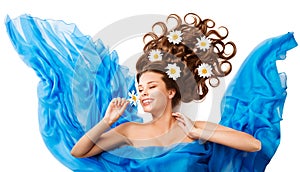 Woman Smelling Flower, Happy Girl Flowers Hair Style in Cloth