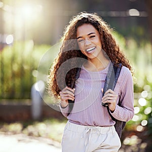 Woman with smile, backpack and student in campus garden, university with education and happy studying. Excited female