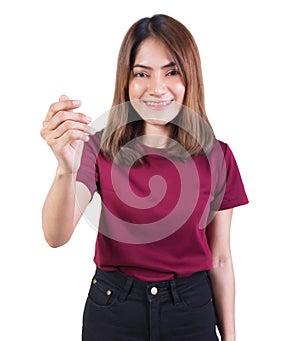 Woman smile and hand holding credit card, blank paper or other on white background