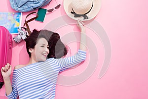 Woman smile happily on floor