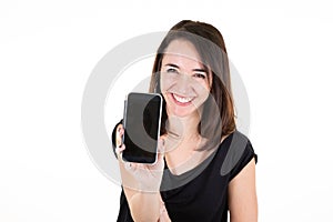 Woman smile happy holding smartphone with black blank screen for text advertising