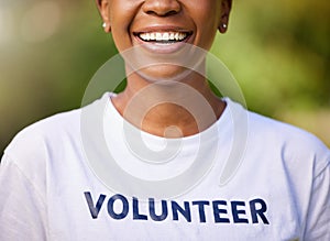 Woman, smile and happy volunteering in park or nature for climate change, earth day or environment. Mouth of person in