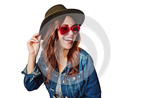 Woman, smile and hat with glasses in fashion with style for summer against a white studio background. Happy isolated