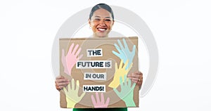 Woman, smile and holding a poster, future and mockup in studio, hands and portrait by white background. Asian person