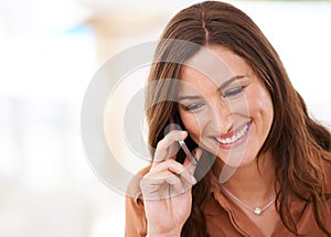Woman, smile and phone call in home for communication, conversation and talking with happiness. Female person