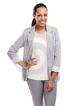 Woman, smile and portrait for career, corporate planning and project management for business on white background. Indian