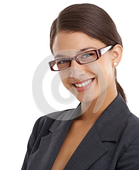 Woman, smile in portrait and glasses with business vision for eye care, investigative journalist and optometry