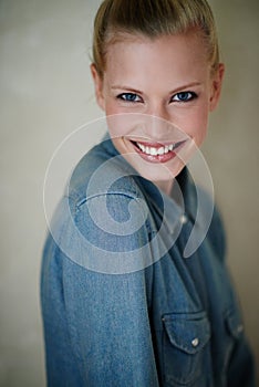 Woman, smile and portrait for happy and relax at home or indoor on weekend and alone. Young person, attractive or pretty