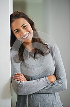 Woman, smile and portrait in house for relax break and quality time alone for unwind on day off. Young female person