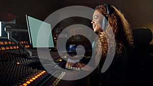 Woman, smile or recording headphones in music, sound mixing or computer song composition in studio. Producer, DJ or
