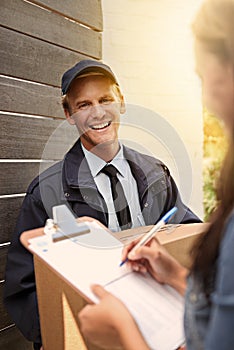 Woman, smile and signature for package, delivery man and shipping order with paperwork and parcel. Cardboard box, sign