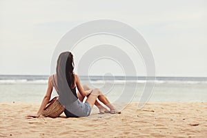 woman smile sitting nature sand beach vacation sea travel bali freedom