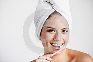 Woman, smile and toothbrush for dental hygiene, teeth whitening and healthcare for gums in portrait. Happy female person