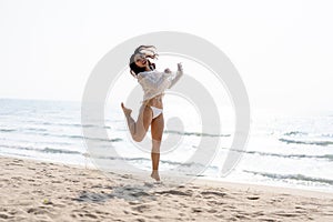 Woman Smiles happy Run, Jump and Dance on the Holiday Summer