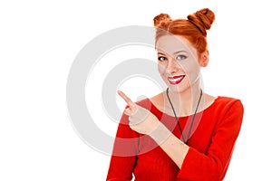 Woman smiling looking at camera showing to copyspace