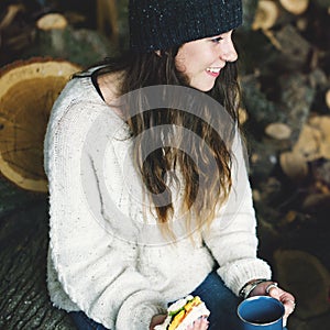 Woman Smiling Sandwich Camping Sawmill Relaxation Concept