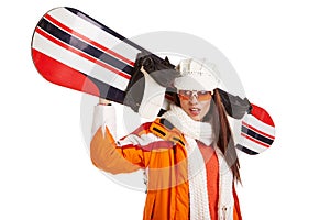 Woman smiling skier girl wearing fur vest ski googles.