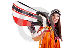 Woman smiling skier girl wearing fur vest ski googles.