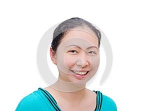 Woman smilling on white background.