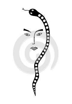 Woman snake, stylized portrait. Laconic female portrait graphic drawing.