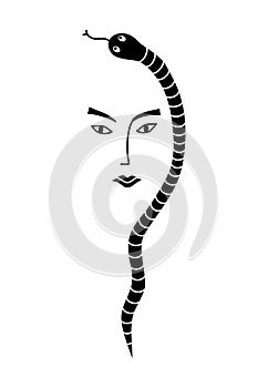 Woman snake, stylized portrait. Laconic female portrait graphic drawing.