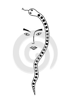 Woman snake, stylized portrait. Laconic female portrait graphic drawing.