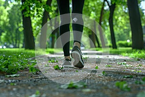 Woman in sneakers leisurely walking in city park on sunny summer day, urban setting photo