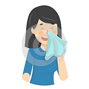 Woman sneeze. Ill girl in a fever