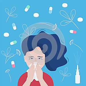 A woman sneezes, covering her nose with a napkin. Pills and spray for the nose. Response to pollen, seasonal allergies, colds, or