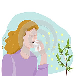 The woman is sneezing. Reaction to pollen of flowering herbs, seasonal allergies, polynosis. Vector illustration photo