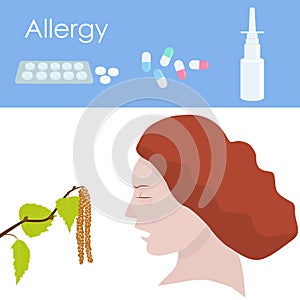 The woman is sneezing. Reaction to pollen, seasonal allergies, polynosis. Spray for nose and pills for the treatment of allergies