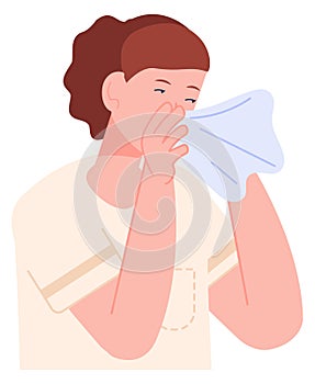 Woman sneezing in tissue. Ill person with flu