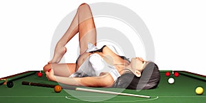 woman on snooker table