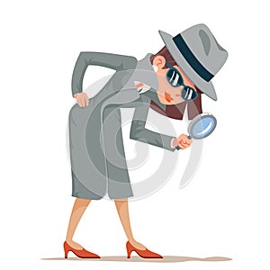 Woman snoop detective magnifying glass tec search help noir cartoon female cartoon character isolated design vector