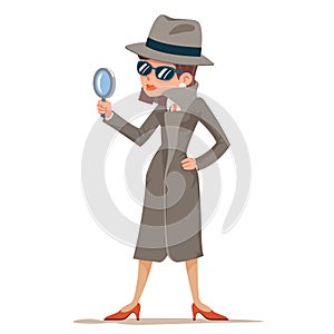 Woman snoop detective tec search evidence pursuit criminal follow the trail female character design vector illustration