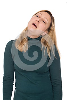 Woman is snoozing standing up