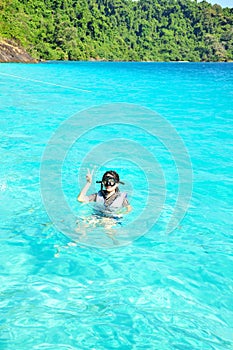 Woman with snorkel on ocean