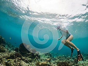 woman snorkeling in clear tropical sea