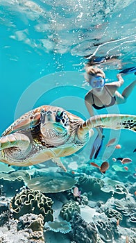 Woman snorkeling with a green sea turtle