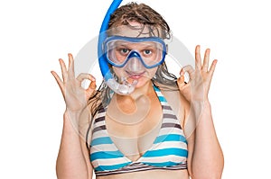 Woman with snorkeling mask for diving isolated on white