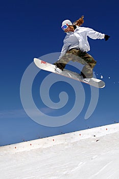 Woman snowboarder jump slope