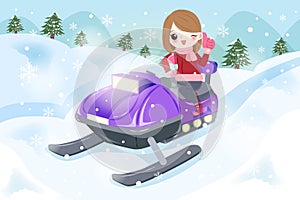 Woman is snowmobiling