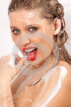 woman with soap foam